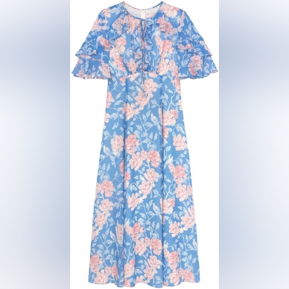 Gal Meets Glam Maxi Blue Pink Floral Shelby Dress Tie Neck Size 4 - Picture 10 of 10